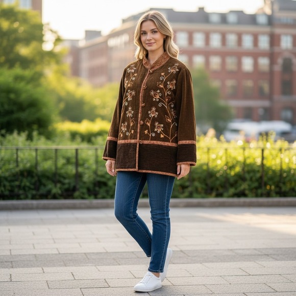 White Stag Jackets & Blazers - White Stag Womens XL Woodland Brown Floral Embroidered Velvet Jacket W5511915